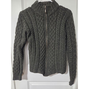 Inis Crafts Womens Merino Wool Aran Knit Fisherman Sweater Green Full Zip Sz S